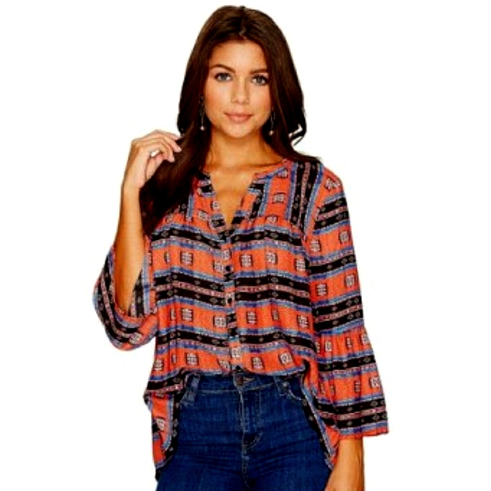 NWT JACK Button Front V-neck Blouse 3/4 Bell Sleeves Red Black Size S